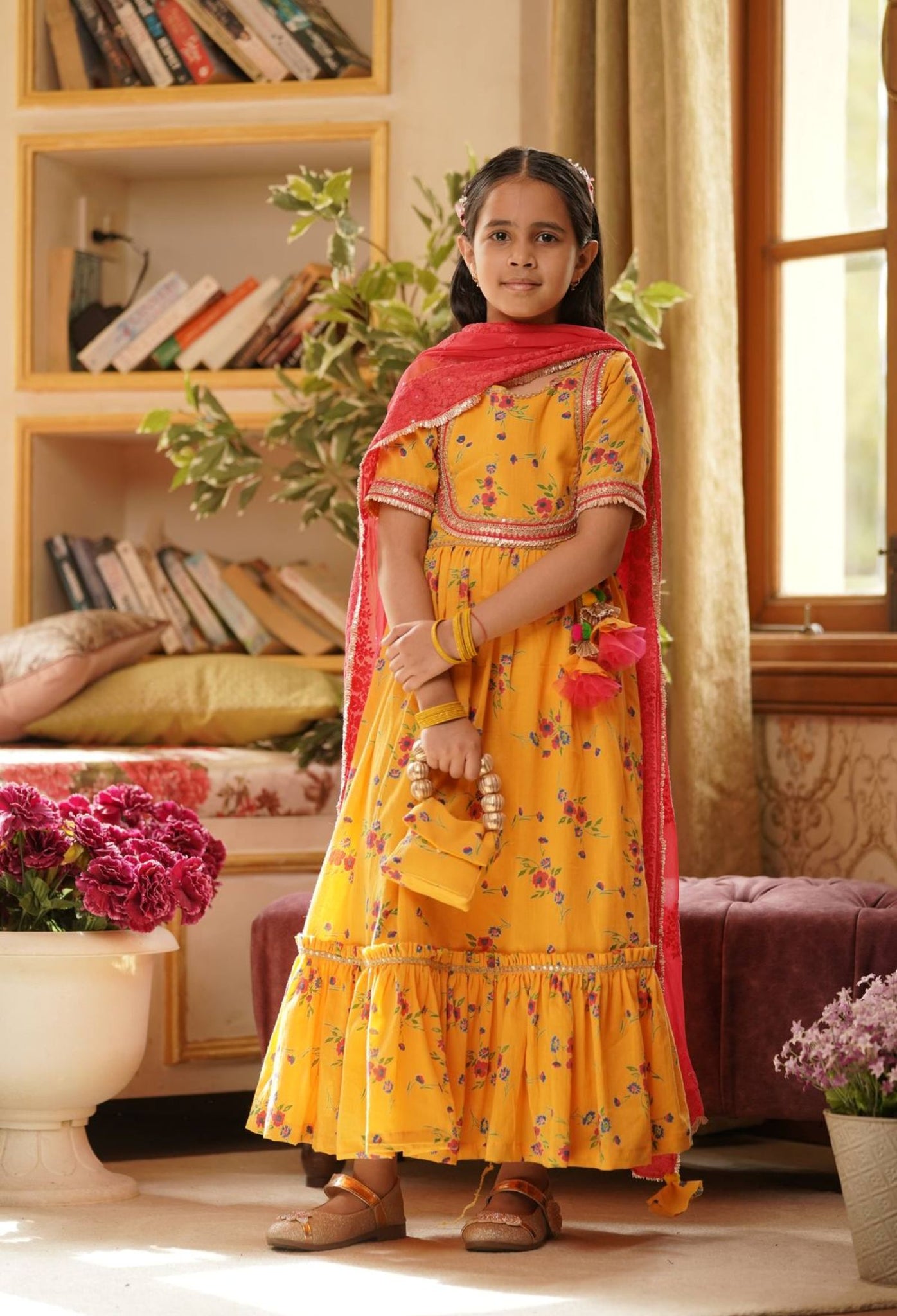 Yellow Anarkali and Dupatta for Girls