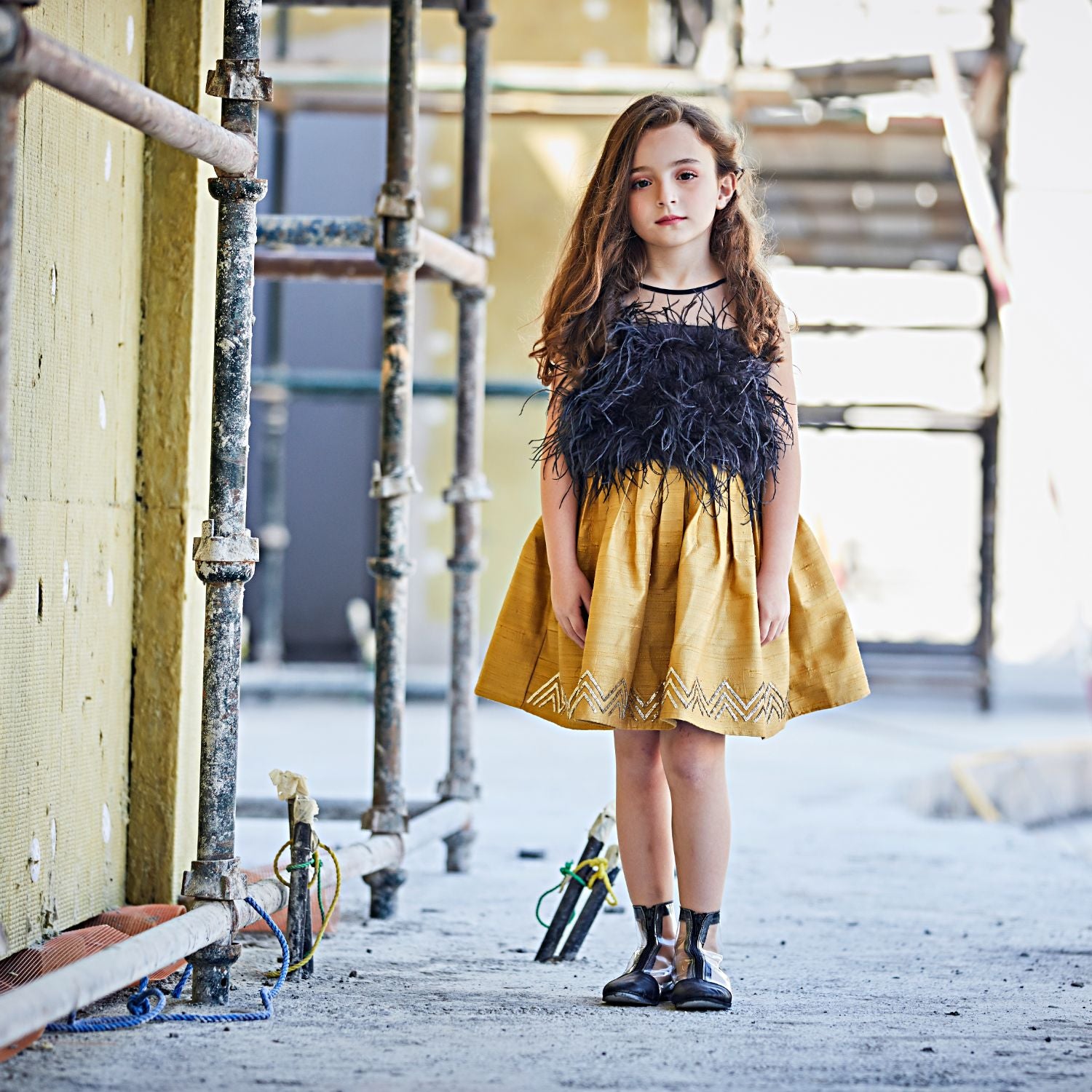 Feathered Yellow Raw Silk Dress