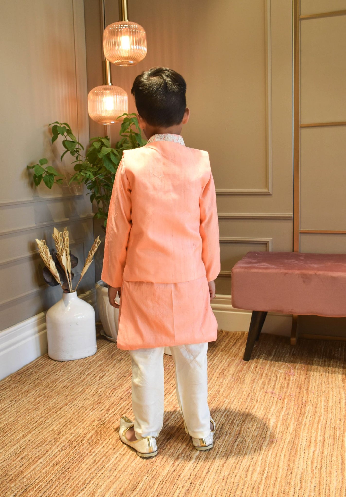 Peach Silk Kurta Jacket And Chudidar