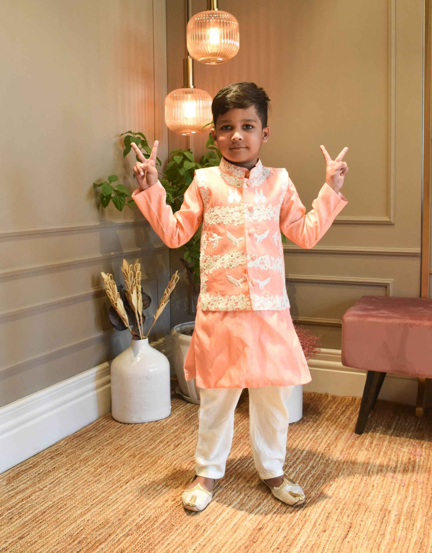 Peach Silk Kurta Jacket And Chudidar