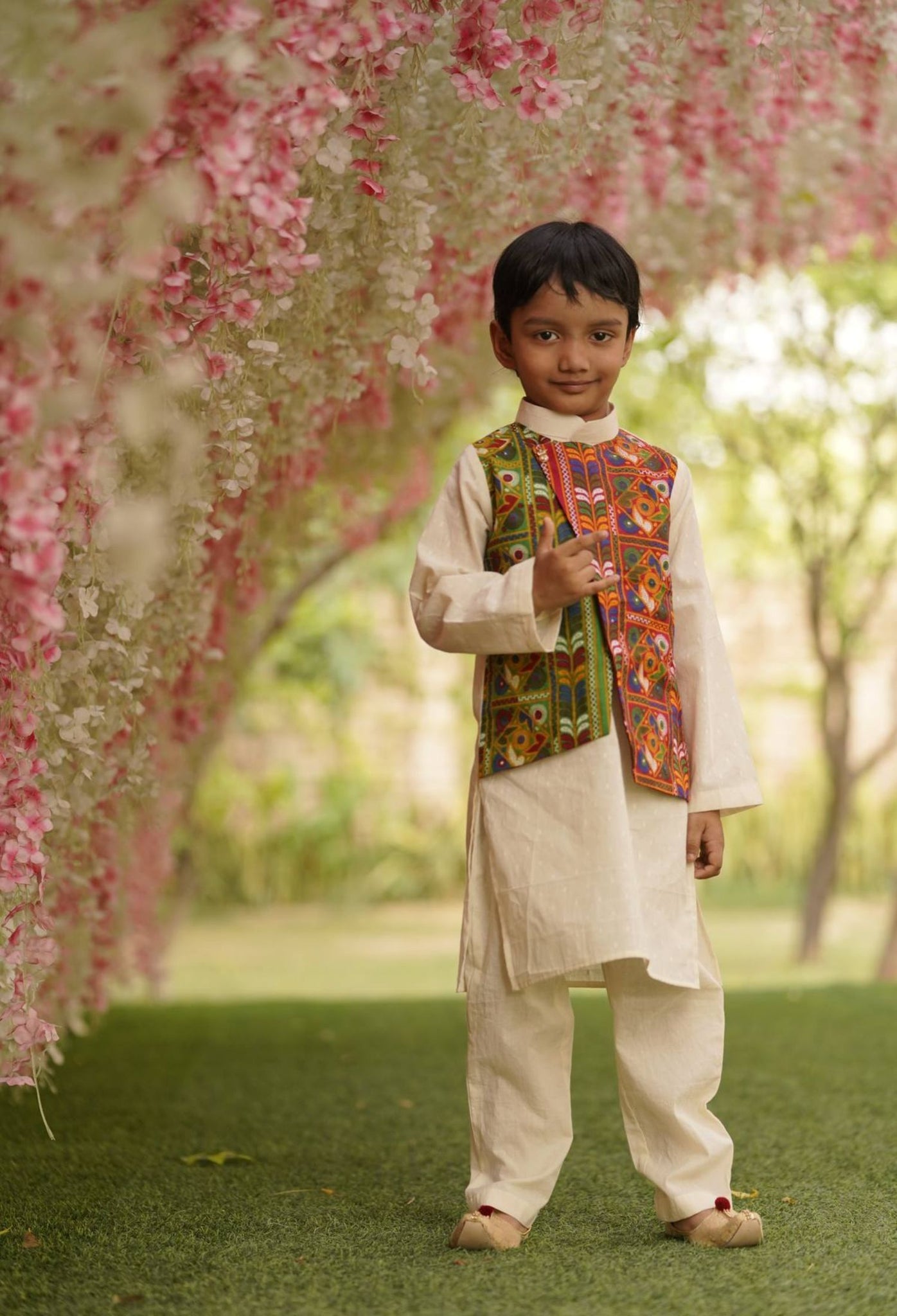 Off white Kurta Jacket and Pant for Boys