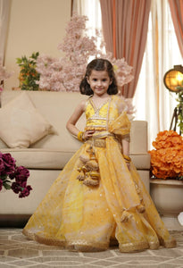 Yellow Printed Organza Lehenga Choli for Girls