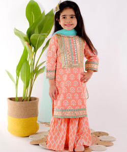 PEACH  HEAVY SHARARA SET WITH SEA GREEN DUPATTA