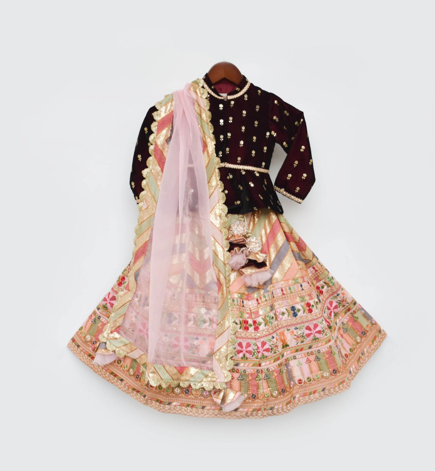 Maroon Velvet Peplum And Peach Embroidery Lehenga Dupatta