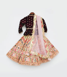 Maroon Velvet Peplum And Peach Embroidery Lehenga Dupatta