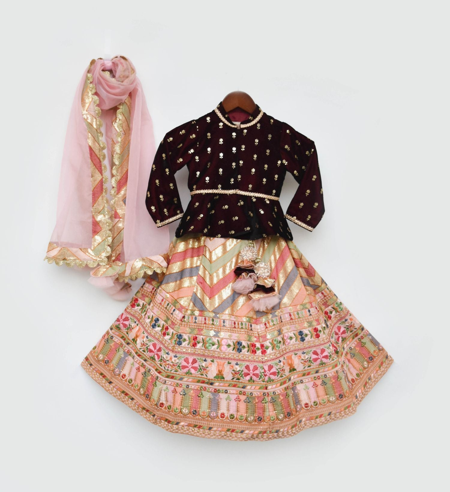 Maroon Velvet Peplum And Peach Embroidery Lehenga Dupatta