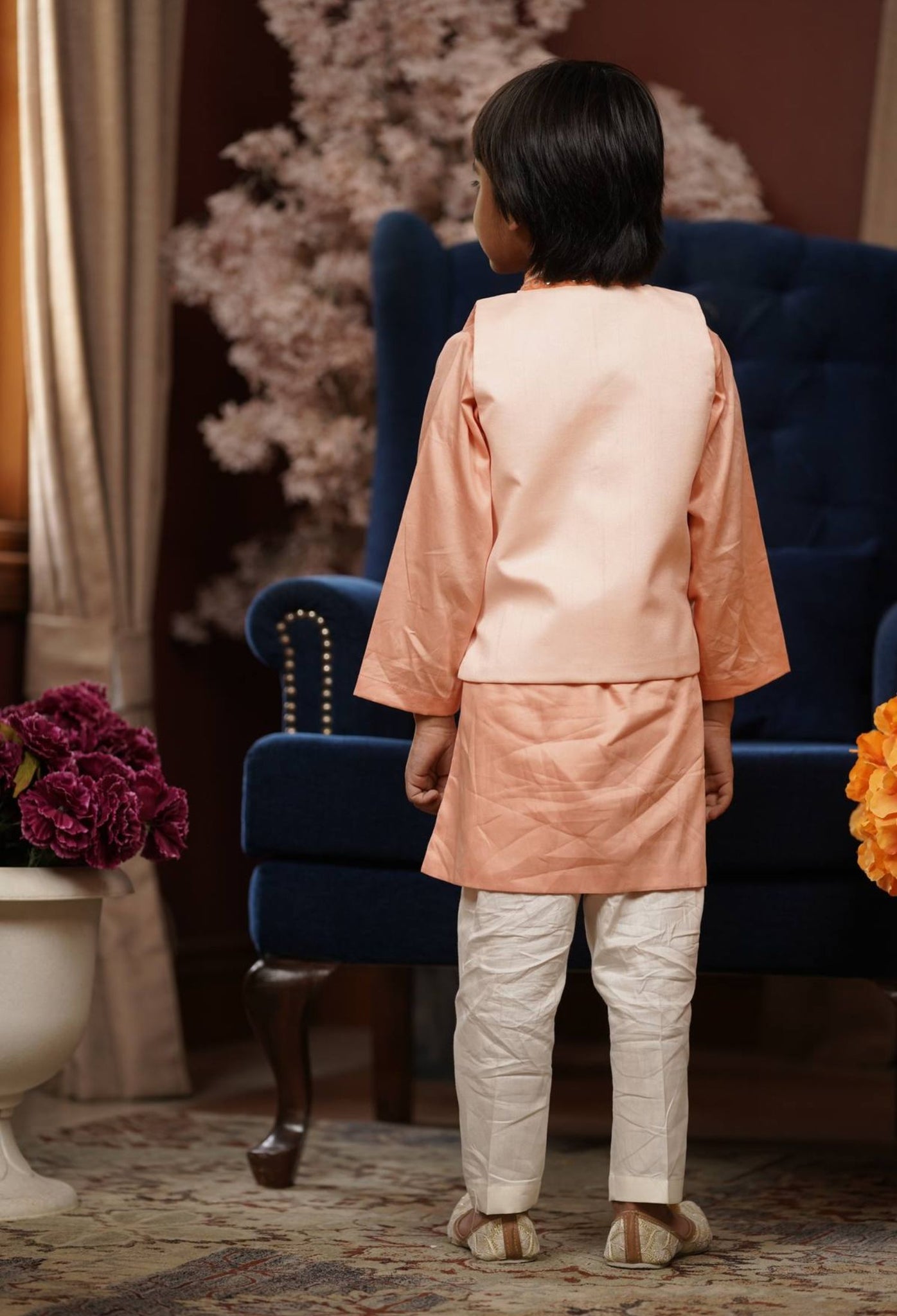 Peach Embroidery Nehru Jacket set for Boys