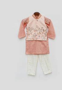 Peach Embroidery Nehru Jacket set for Boys