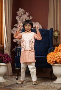 Peach Embroidery Nehru Jacket set for Boys