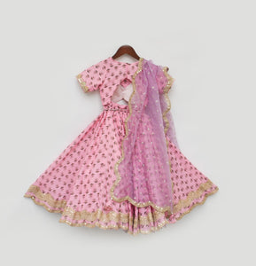 Pink Printed Lehenga Choli And Organza Dupatta