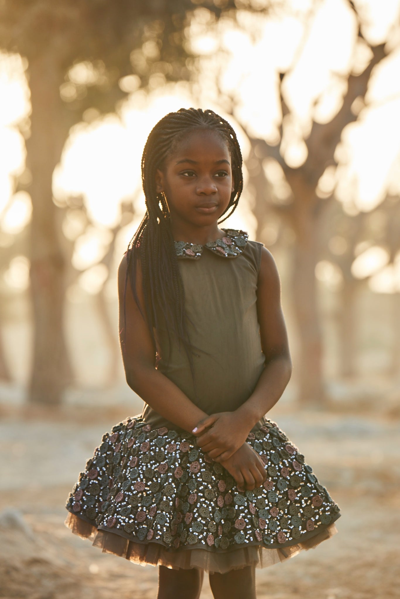 Hand Embroidered Crochet Flowers Drop-Down Waist Dress