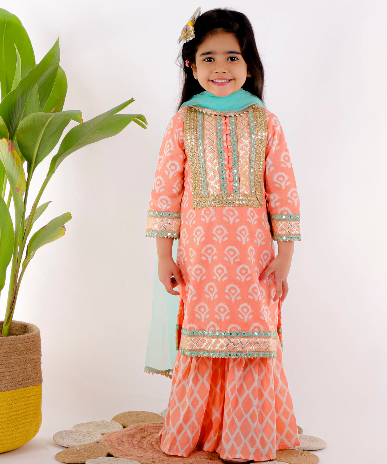 PEACH  HEAVY SHARARA SET WITH SEA GREEN DUPATTA