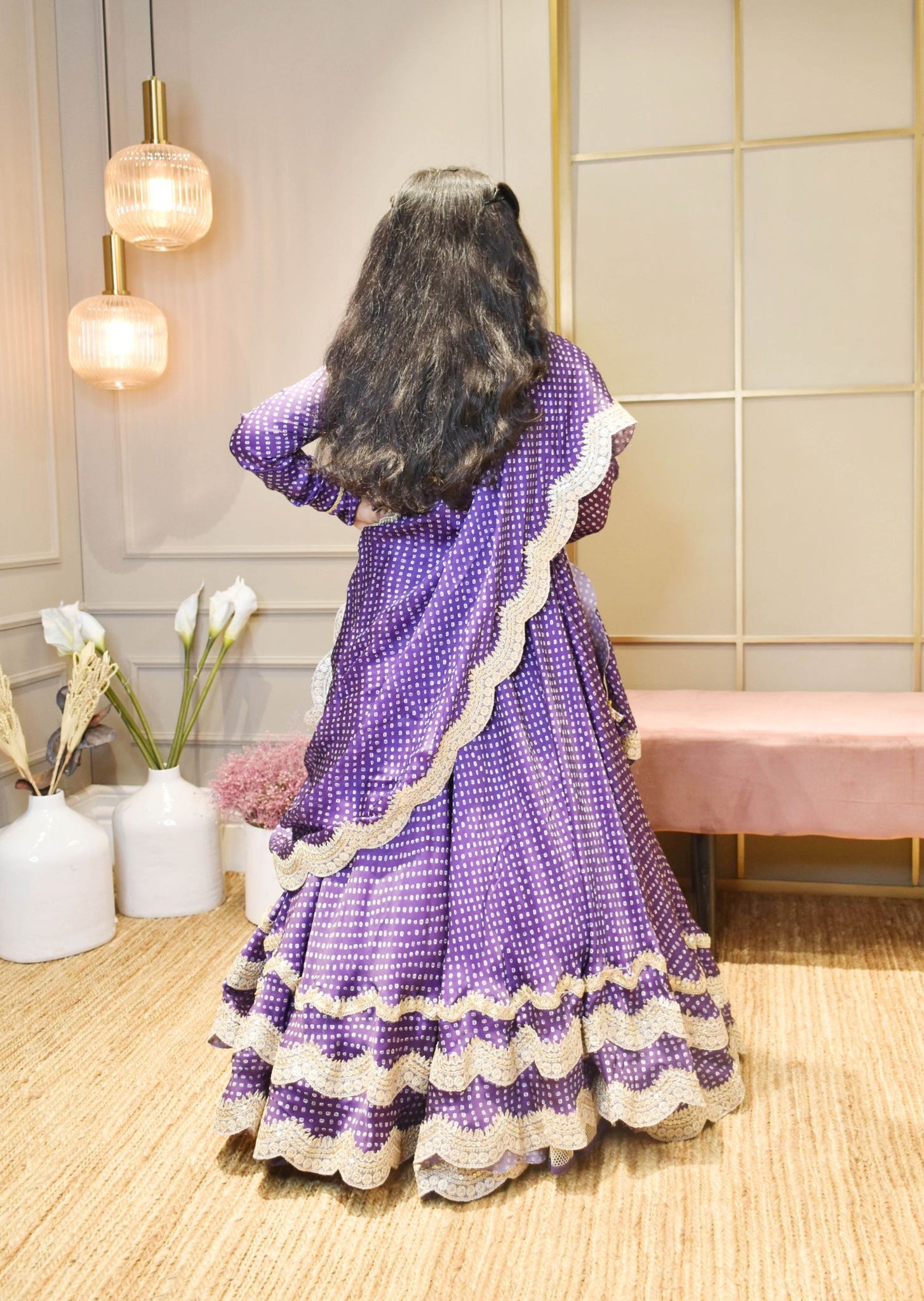 Purple Bandhej Scalup Lehenga Choli And Dupatta