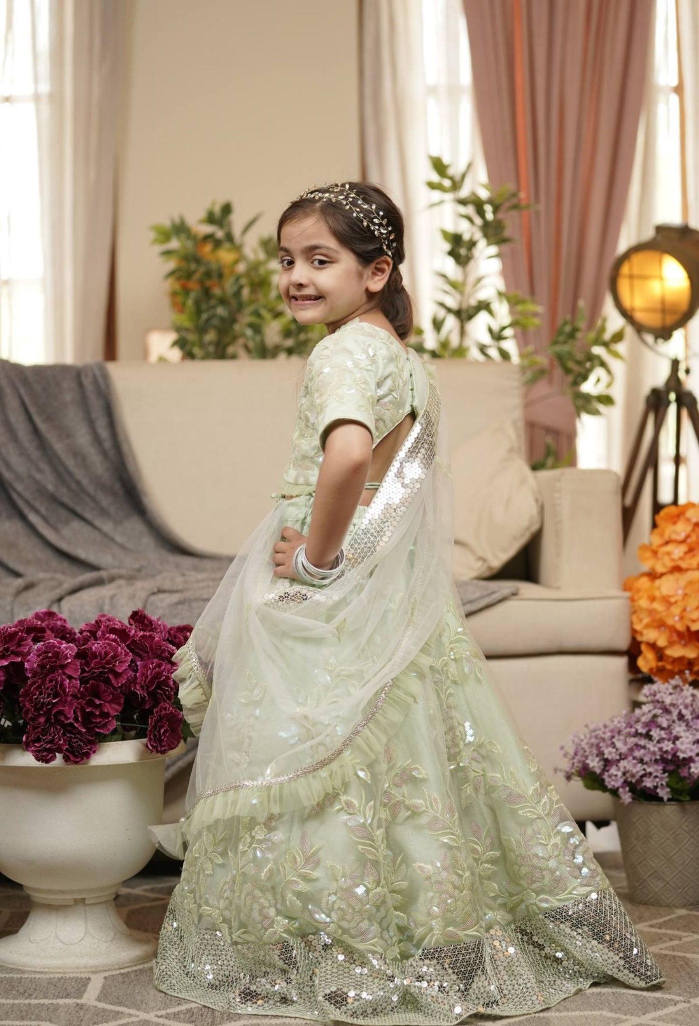 Green Sequins Lehenga Choli and Dupatta for Girls