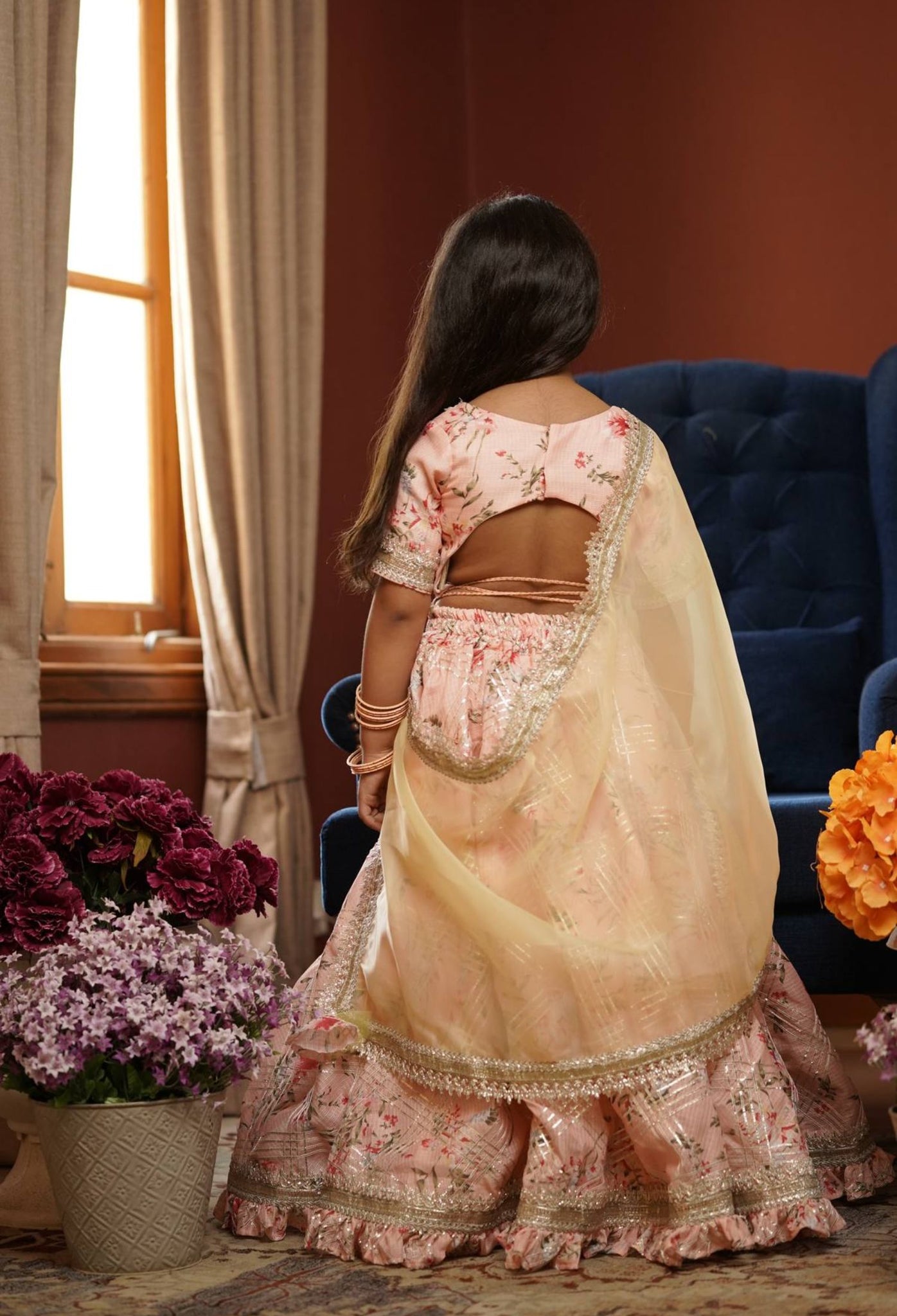 Peach Printed Lehenga Choli and Dupatta for Girls