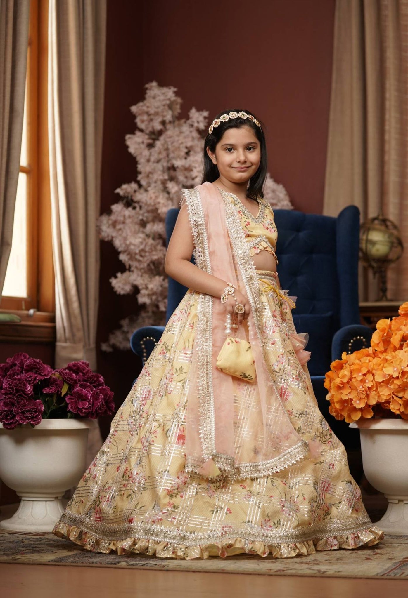 Yellow Printed Lehenga Choli and Dupatta for Girls