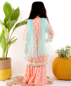 PEACH  HEAVY SHARARA SET WITH SEA GREEN DUPATTA