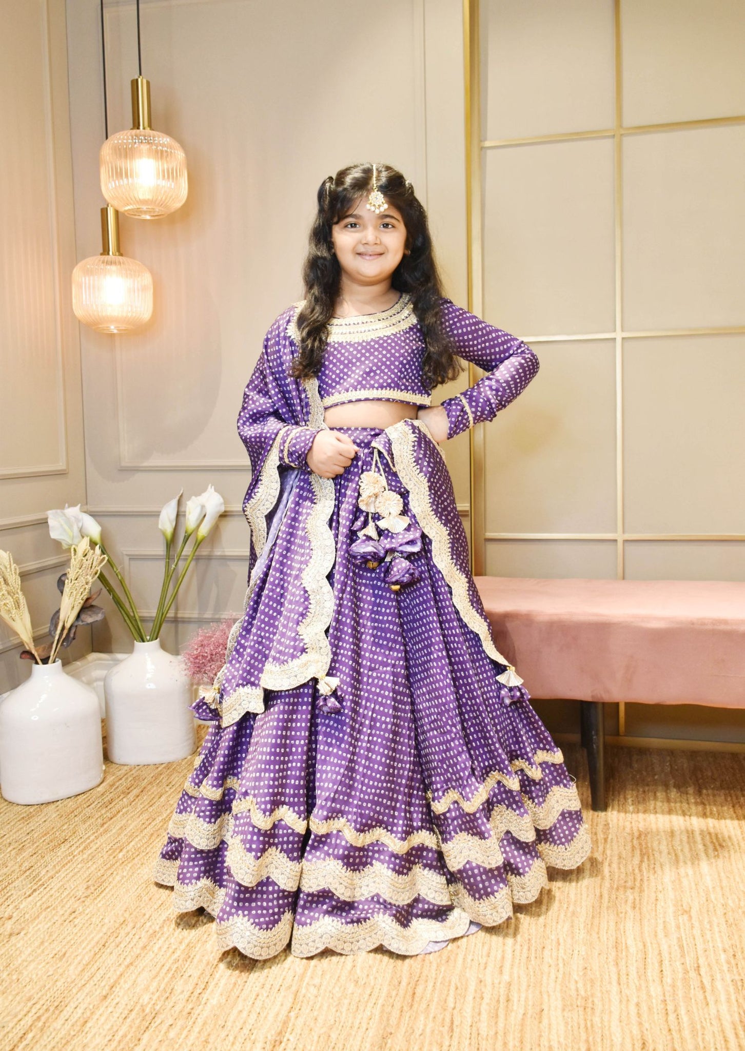 Purple Bandhej Scalup Lehenga Choli And Dupatta