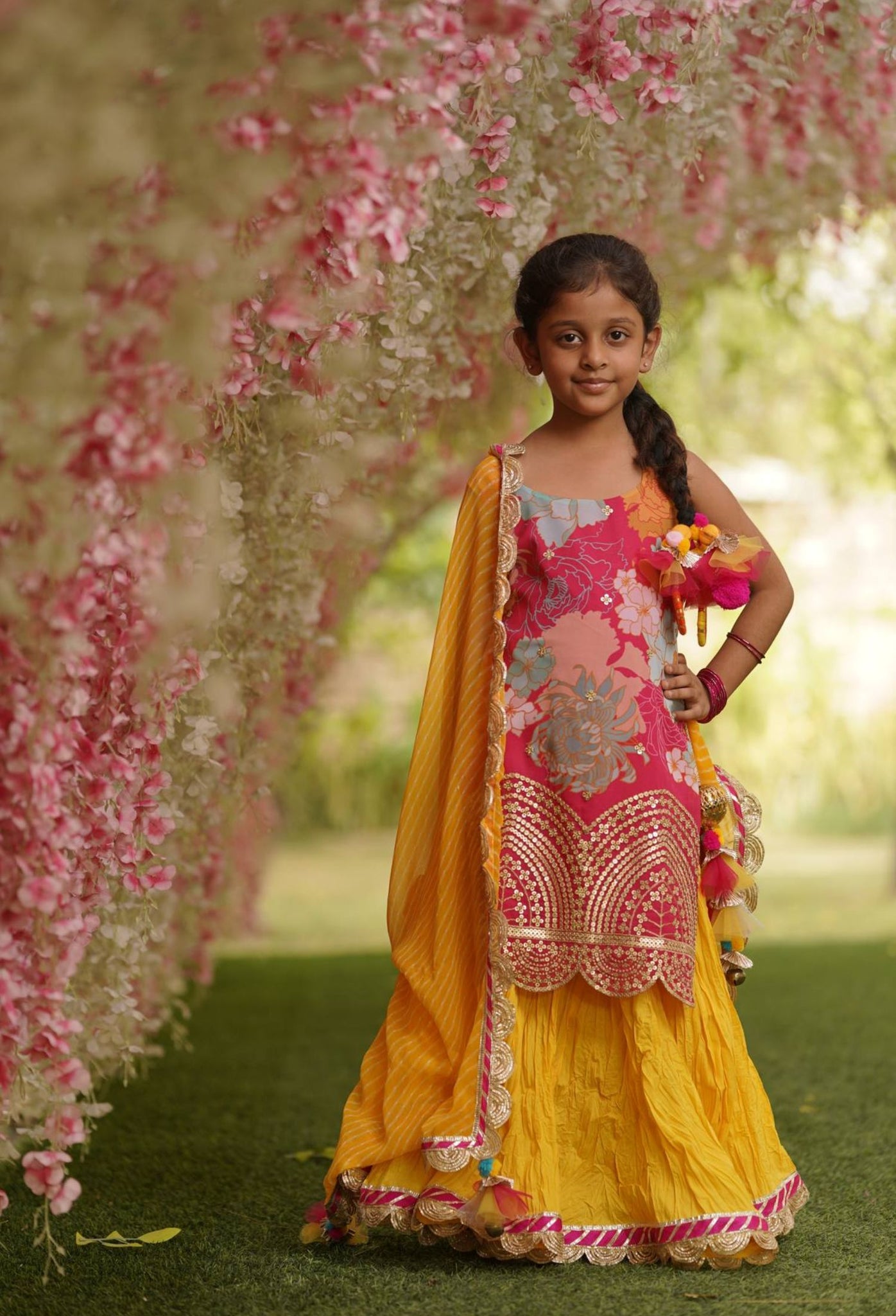 Pink Print Kurti and Yellow Ghagraa Dupatta for Girls