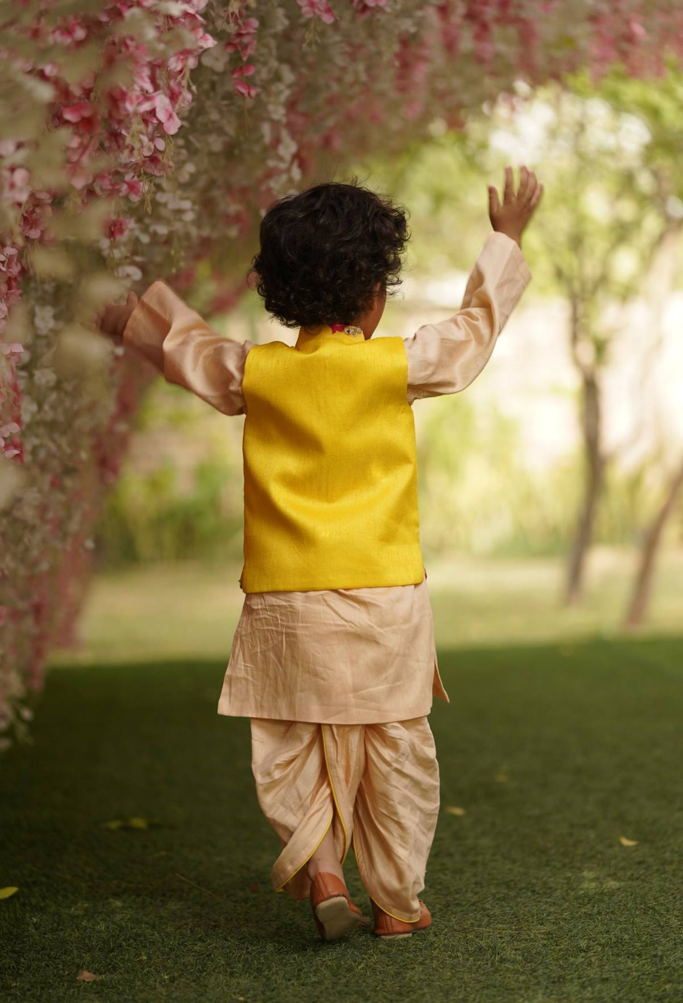 Yellow Embroidery Jacket with Kurta and Dhoti for Boys