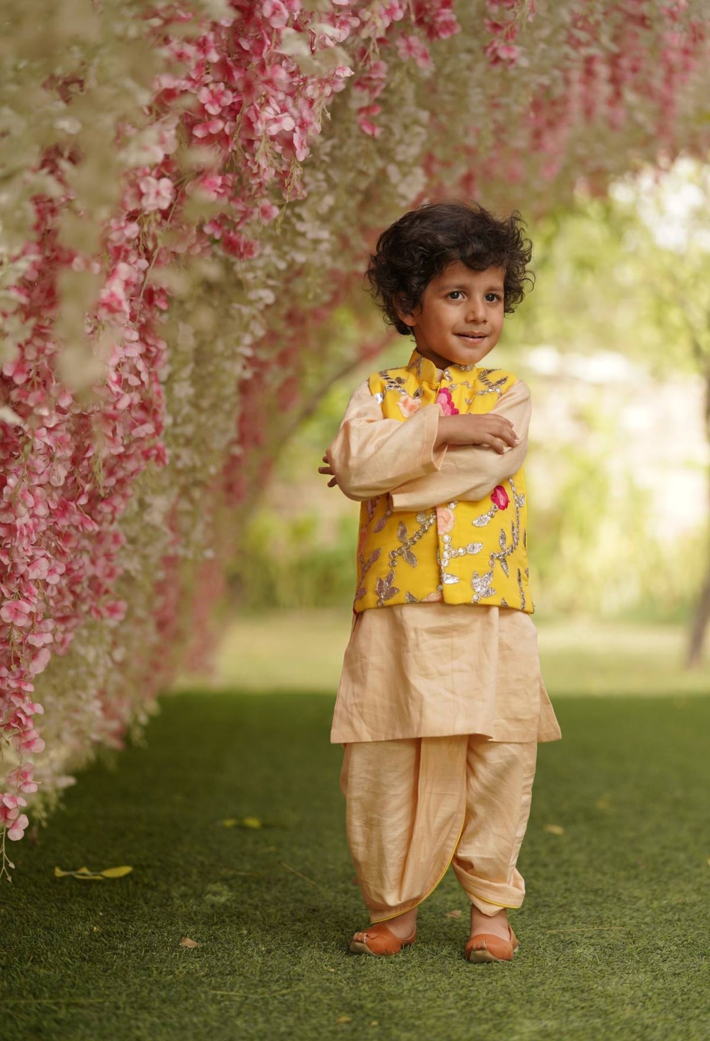 Yellow Embroidery Jacket with Kurta and Dhoti for Boys