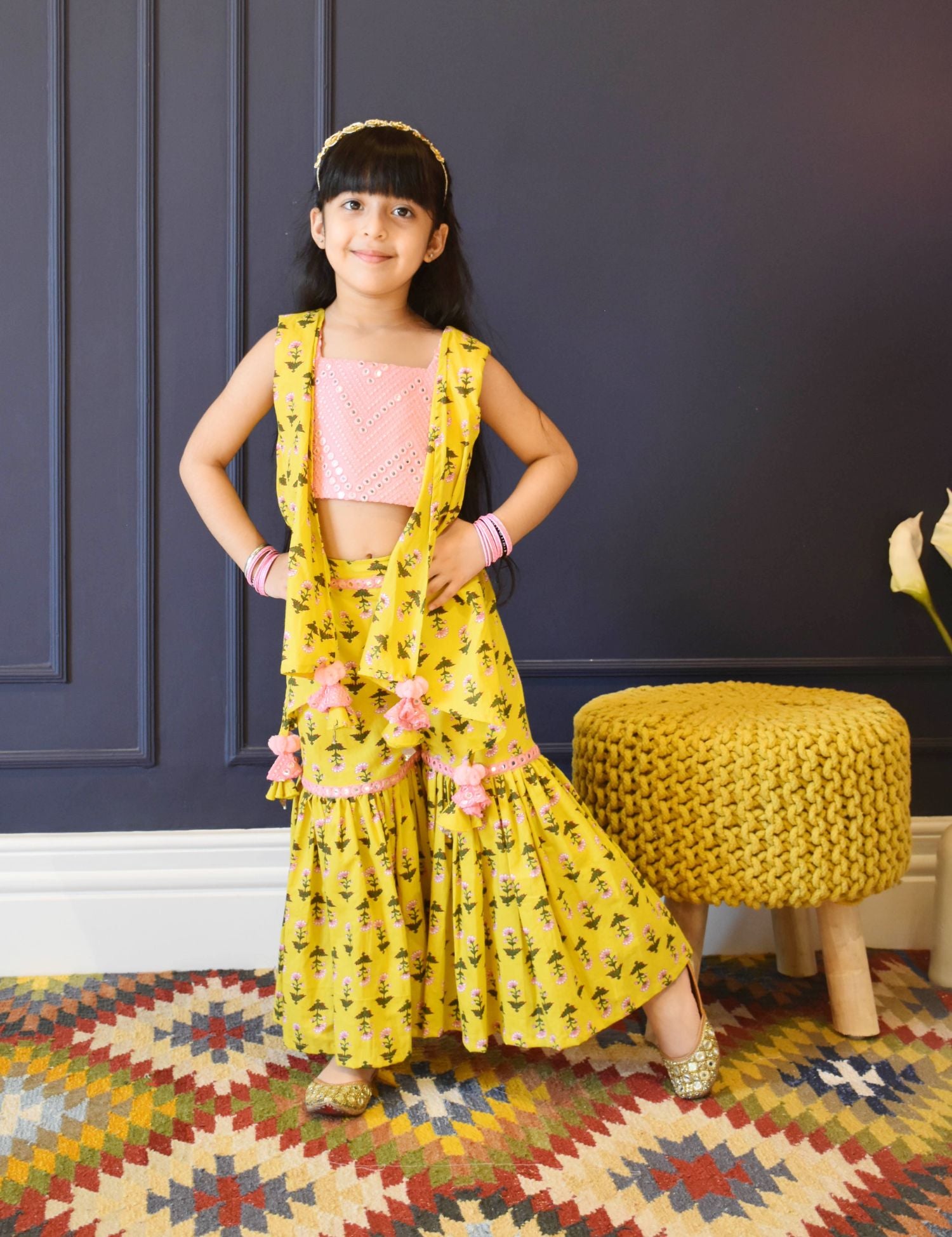 Yellow Print Top And Sharara Set