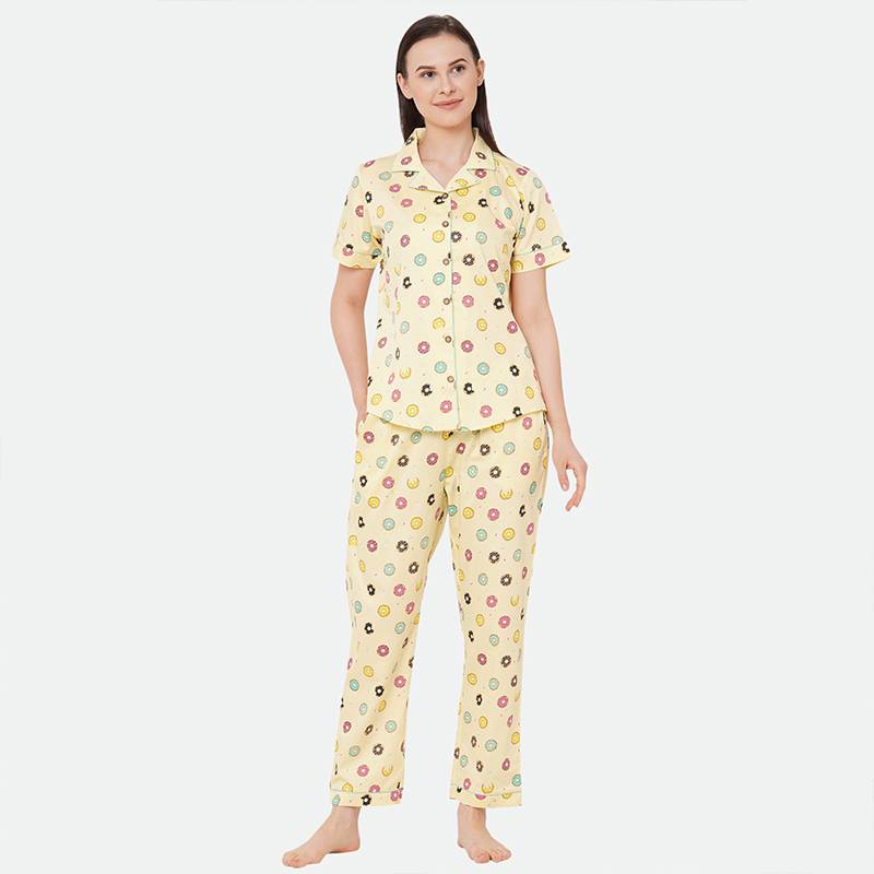 Donut Yellow Notched Collar Half Sleeve Night Suit For Women