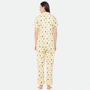 Donut Yellow Notched Collar Half Sleeve Night Suit For Women