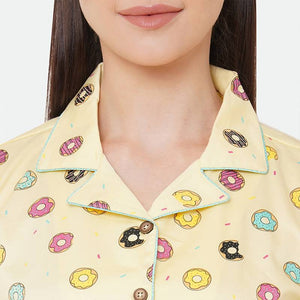 Donut Yellow Notched Collar Half Sleeve Night Suit For Women