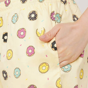 Donut Yellow Notched Collar Half Sleeve Night Suit For Women