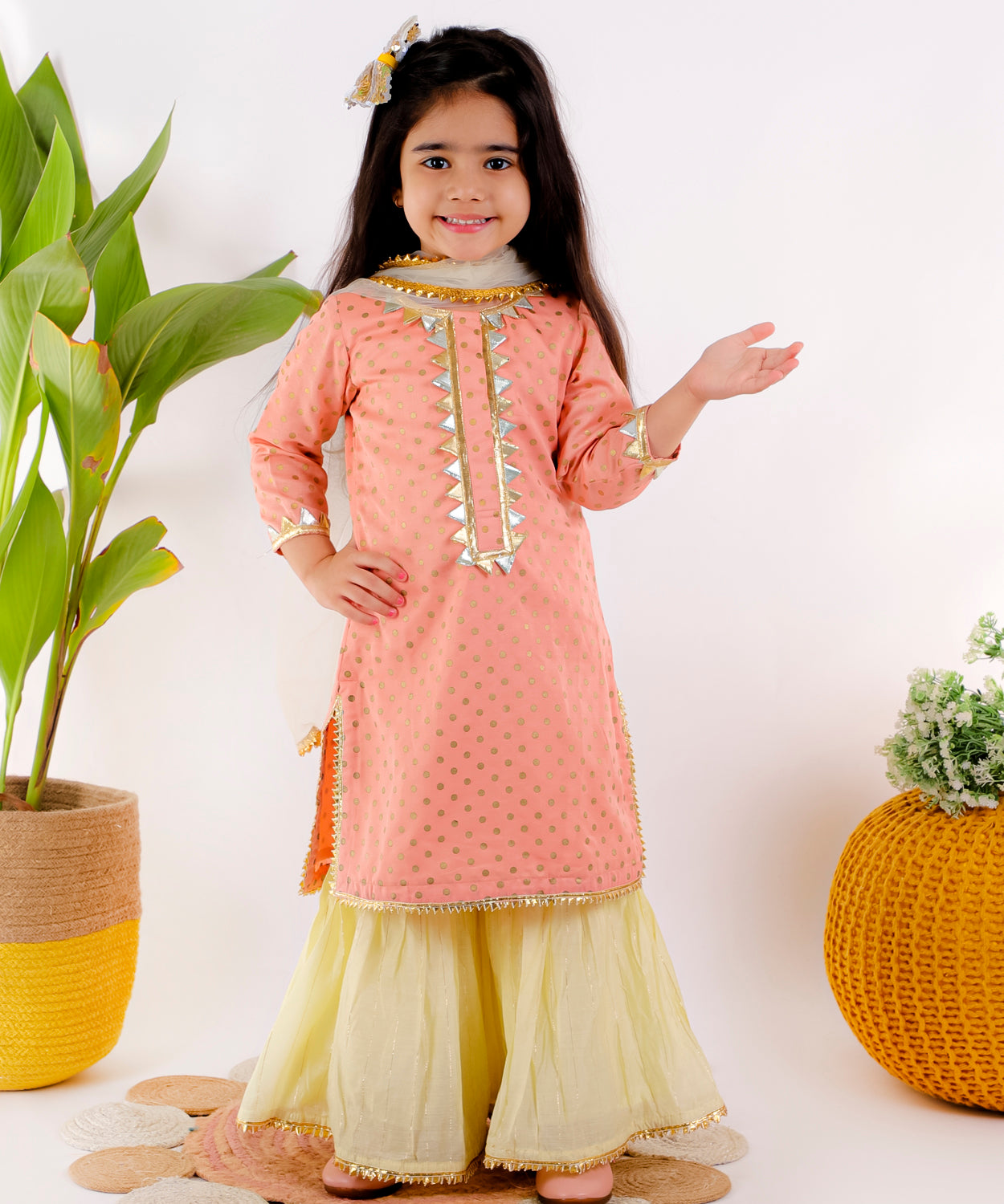 PEACH KURTI WITH KHADI PRINT & YELLOW SHARARAS