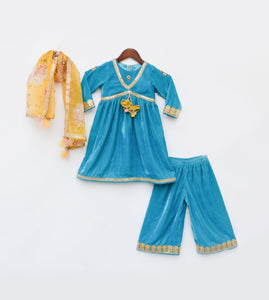 Turquoise Blue Velvet Kurti And Plazo Pant