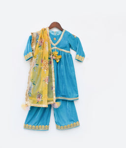 Turquoise Blue Velvet Kurti And Plazo Pant