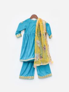 Turquoise Blue Velvet Kurti And Plazo Pant