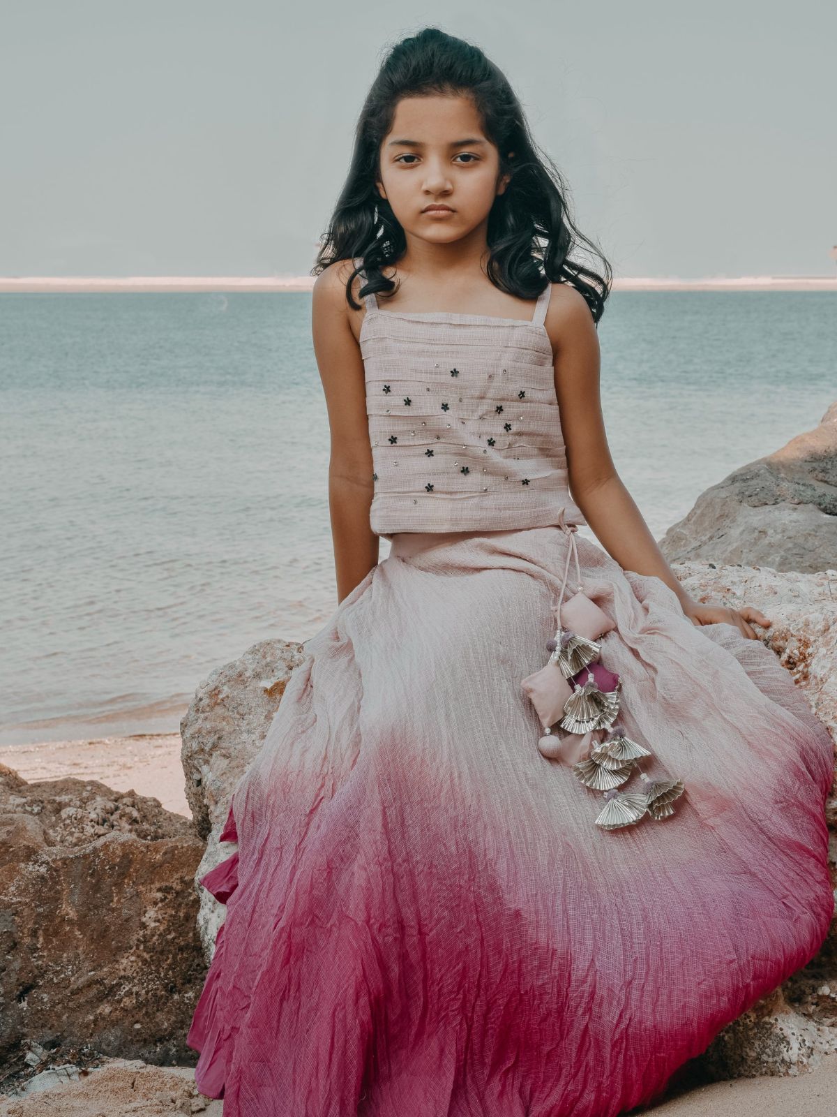 Hand Embroidered Ombre Dyed Spaghetti Top and Tasseled Lehenga Set