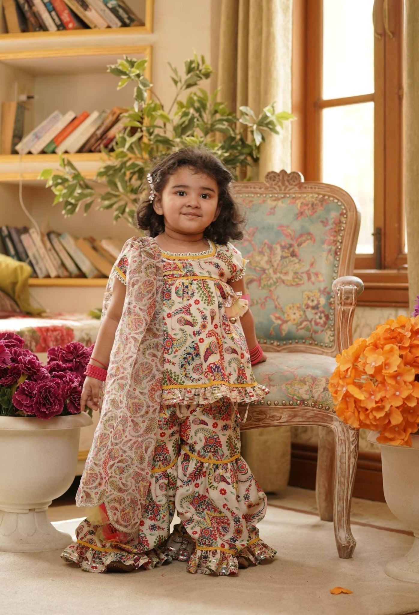 Offwhite Floral Print Kurti Sharara for Girls