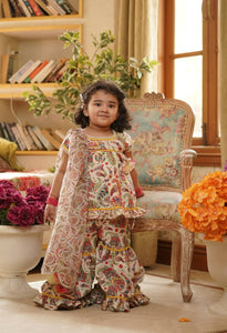 Offwhite Floral Print Kurti Sharara for Girls