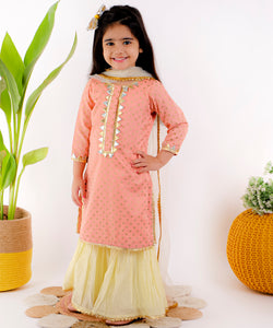 PEACH KURTI WITH KHADI PRINT & YELLOW SHARARAS