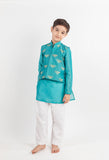 Teal Blue Embroidered Kurta Jacket Set 3 Pc