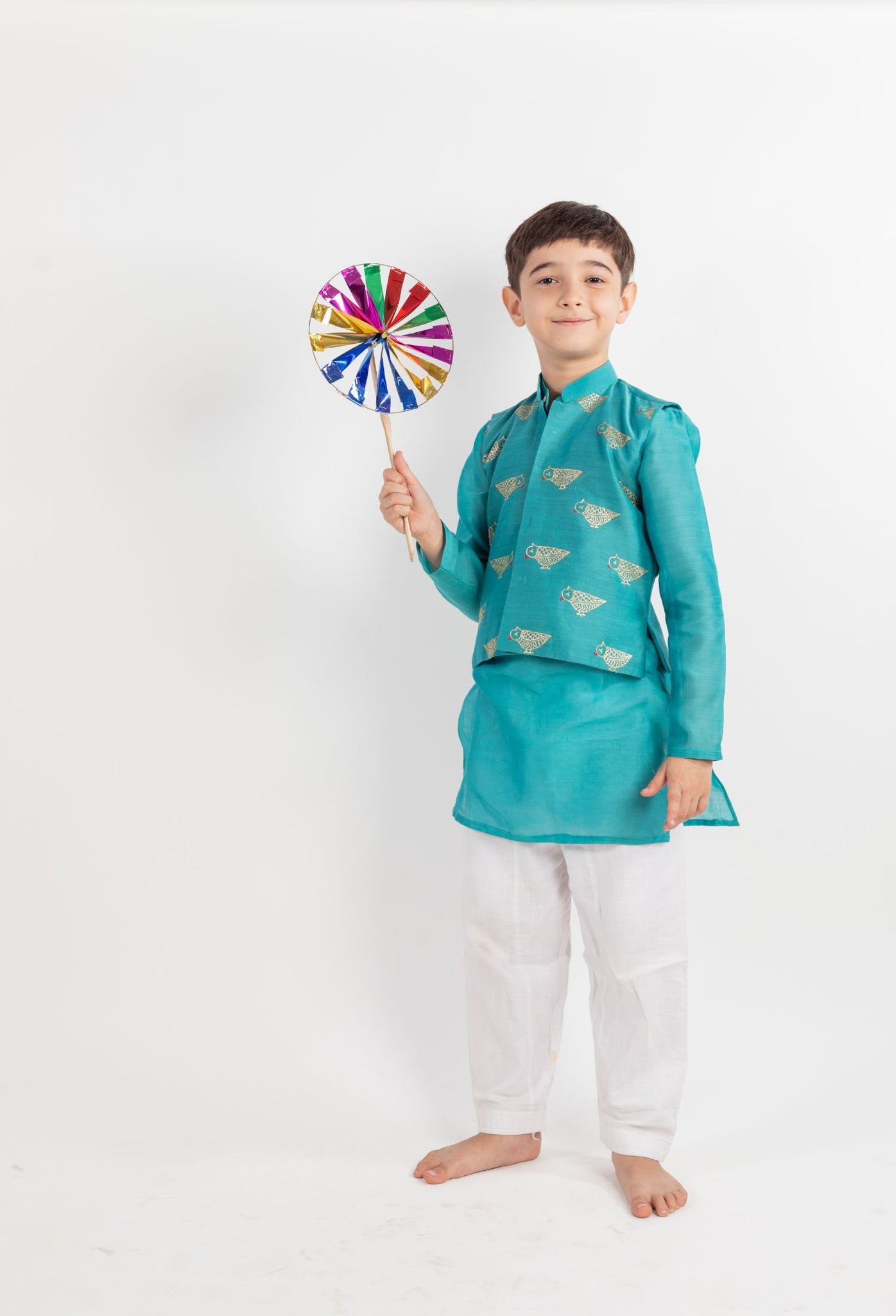 Teal Blue Embroidered Kurta Jacket Set 3 Pc