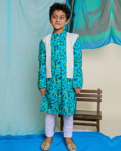 Nilmohar Kurta with Juui Jacket and Churidaar Set, Blue & White