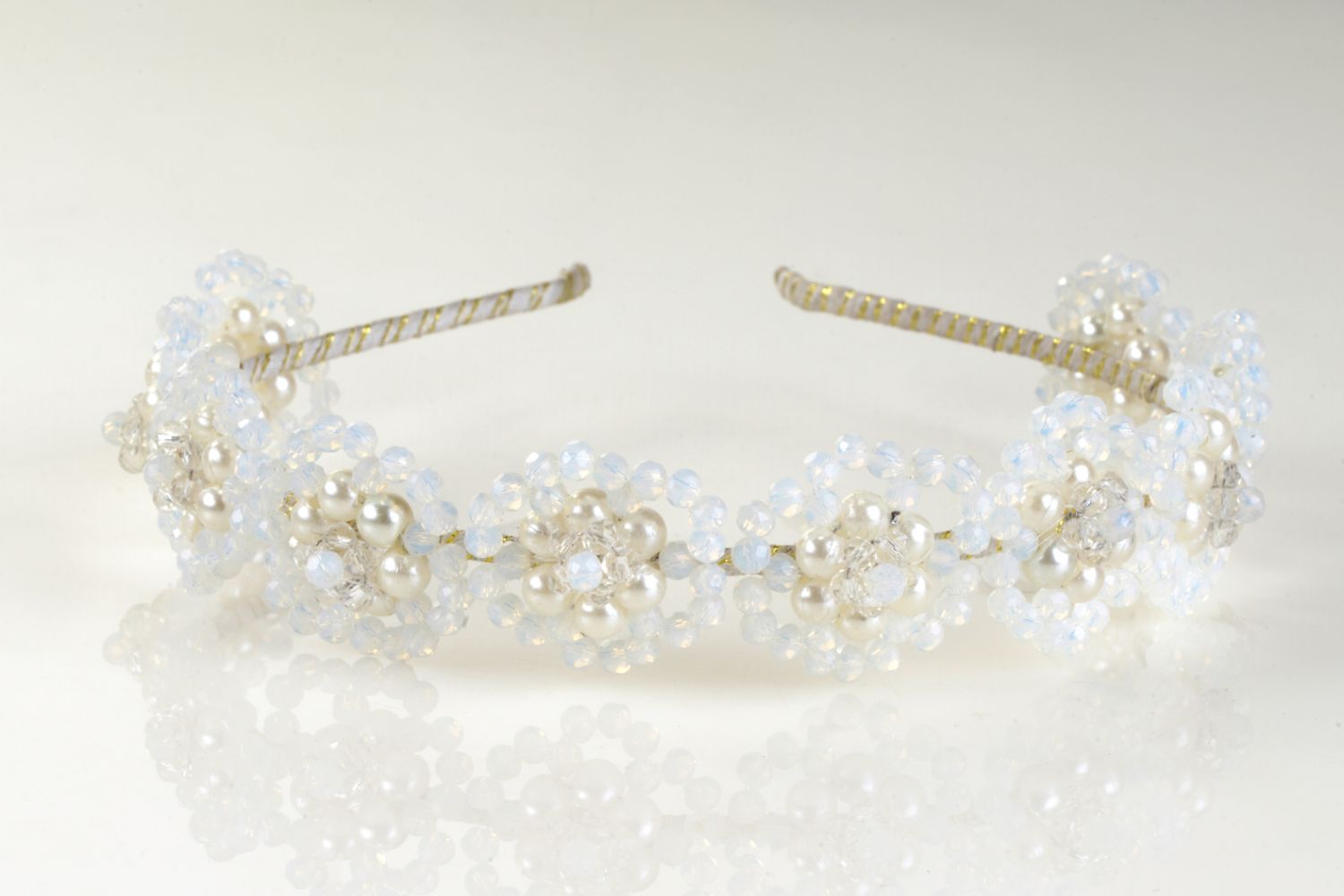 Blossoming Pearls And Floral Crystals Hairband Off White Handmade