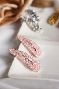 Pair Of White Gravel Gem Hair Clips Pink