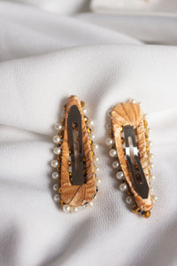 Pair Of White Gravel Gem Hair Clips Gold