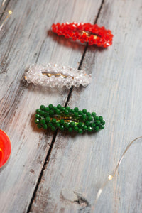 Set Of 3 Glitter Beaded Hair Clips Red Green White