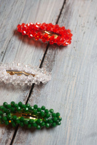 Set Of 3 Glitter Beaded Hair Clips Red Green White