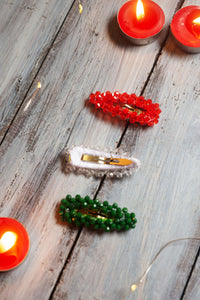 Set Of 3 Glitter Beaded Hair Clips Red Green White