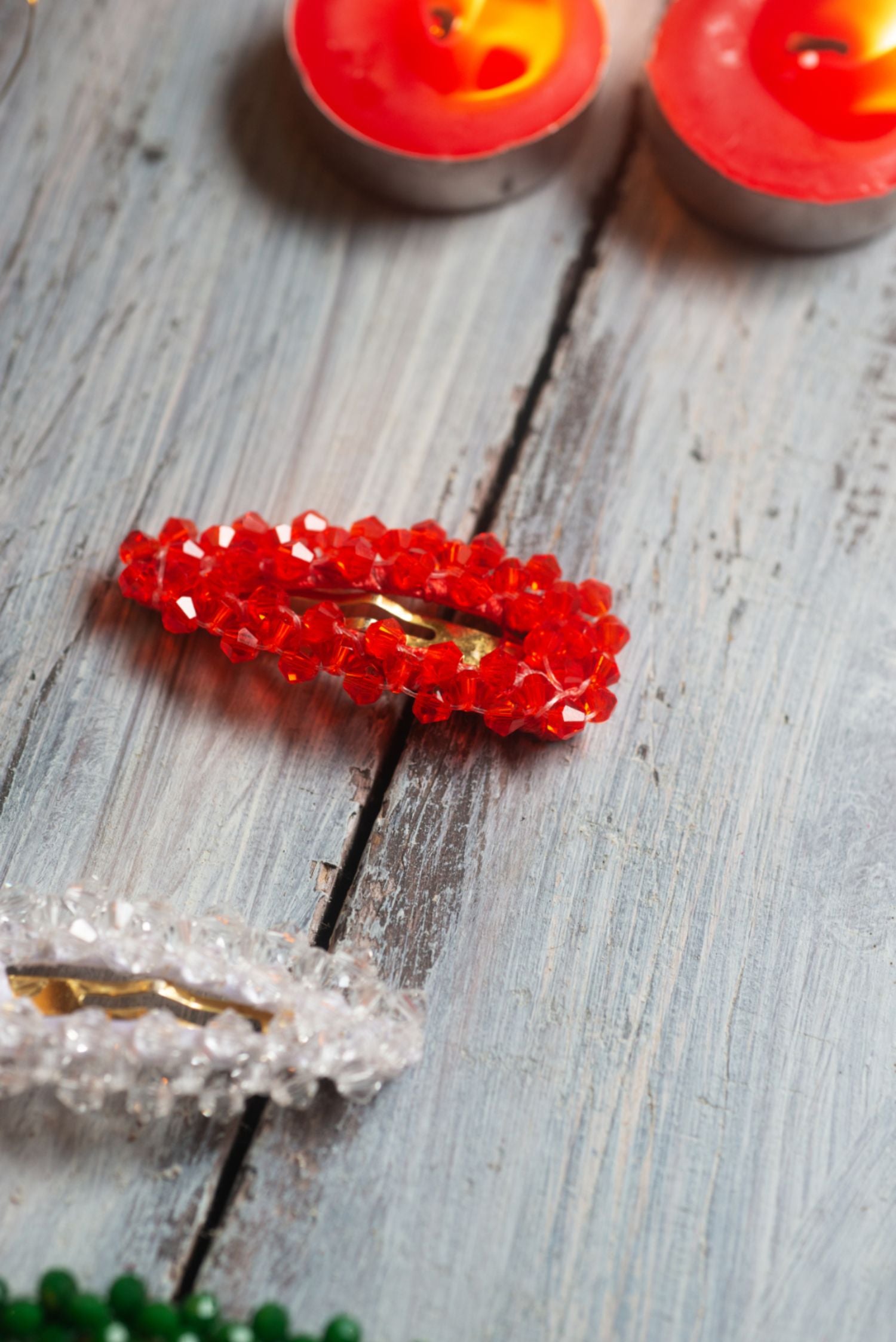 Set Of 3 Glitter Beaded Hair Clips Red Green White