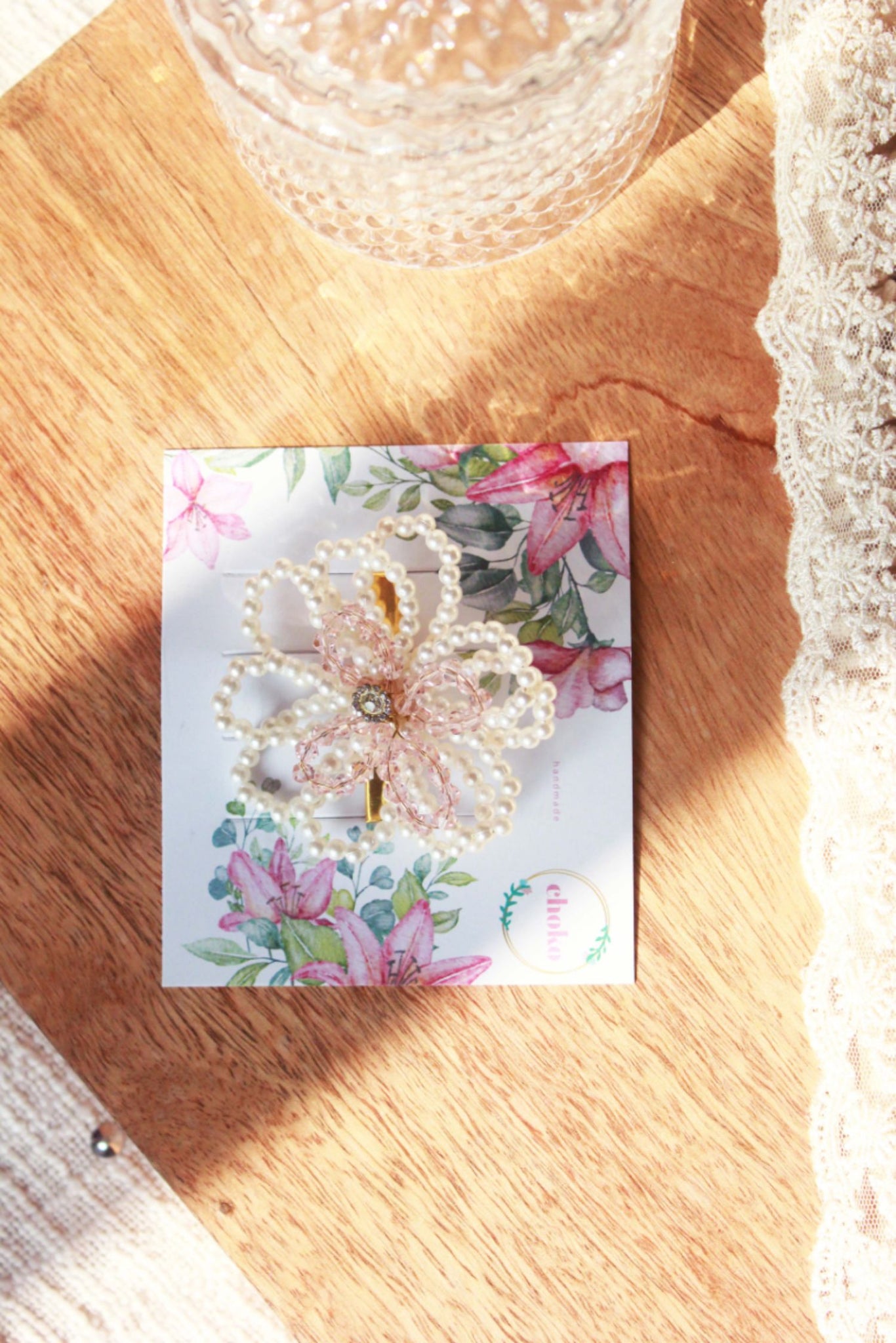 Crystal & Pearls Embellished Flower On Alligator Hair Clip Off White & Pink