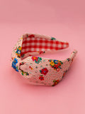 Red Floral Blossom On Stripes Print Embellished Turban Hair Band Red & White